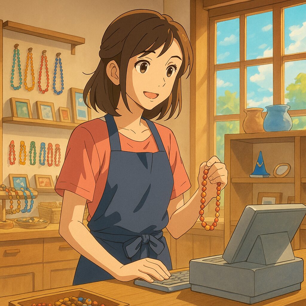 不安な心を癒す色彩心理アクセサリー。バーチャルハンドメイドショップirokazari+
店内で作業をする女性