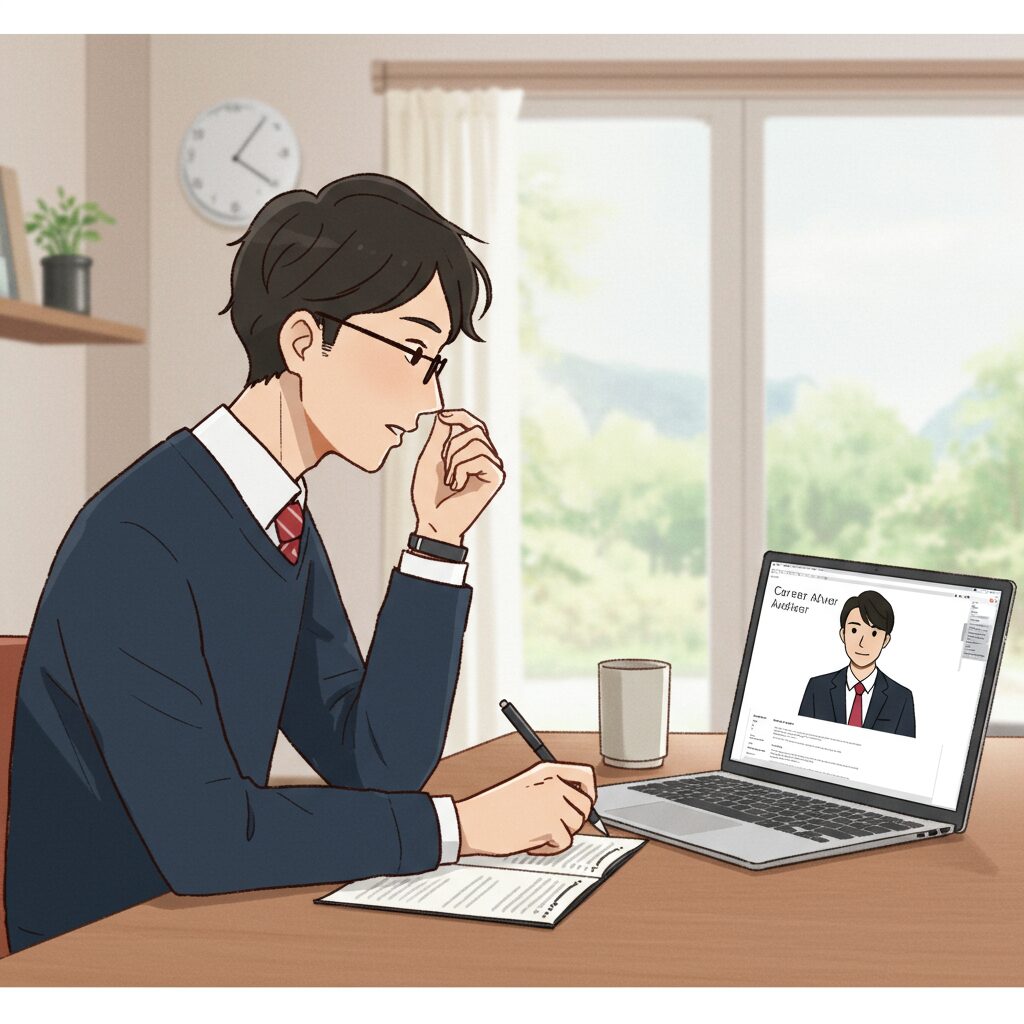 A Japanese man sitting at a desk in his home, having an online video call on his laptop with a career advisor. He is listening intently and taking notes. The advisor is visible on the screen, offering guidance. Style: Flat illustration, bright and professional.