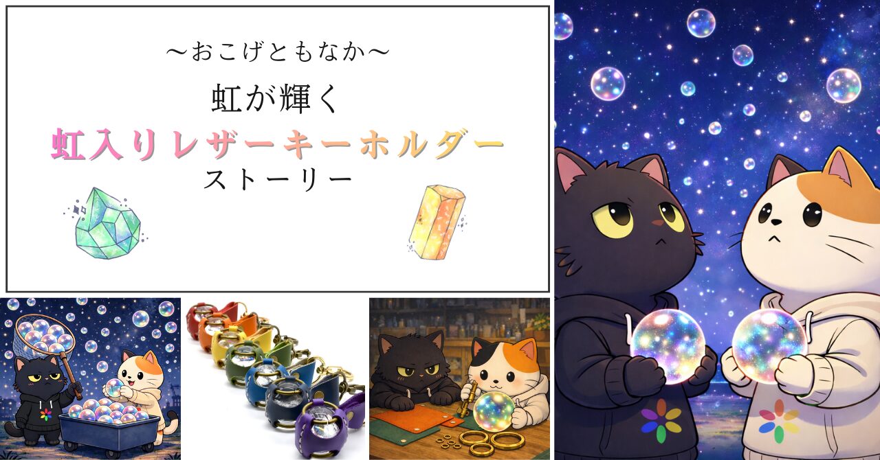おこげともなか　天然石キーホルダー　虹入り水晶　レザークラフト